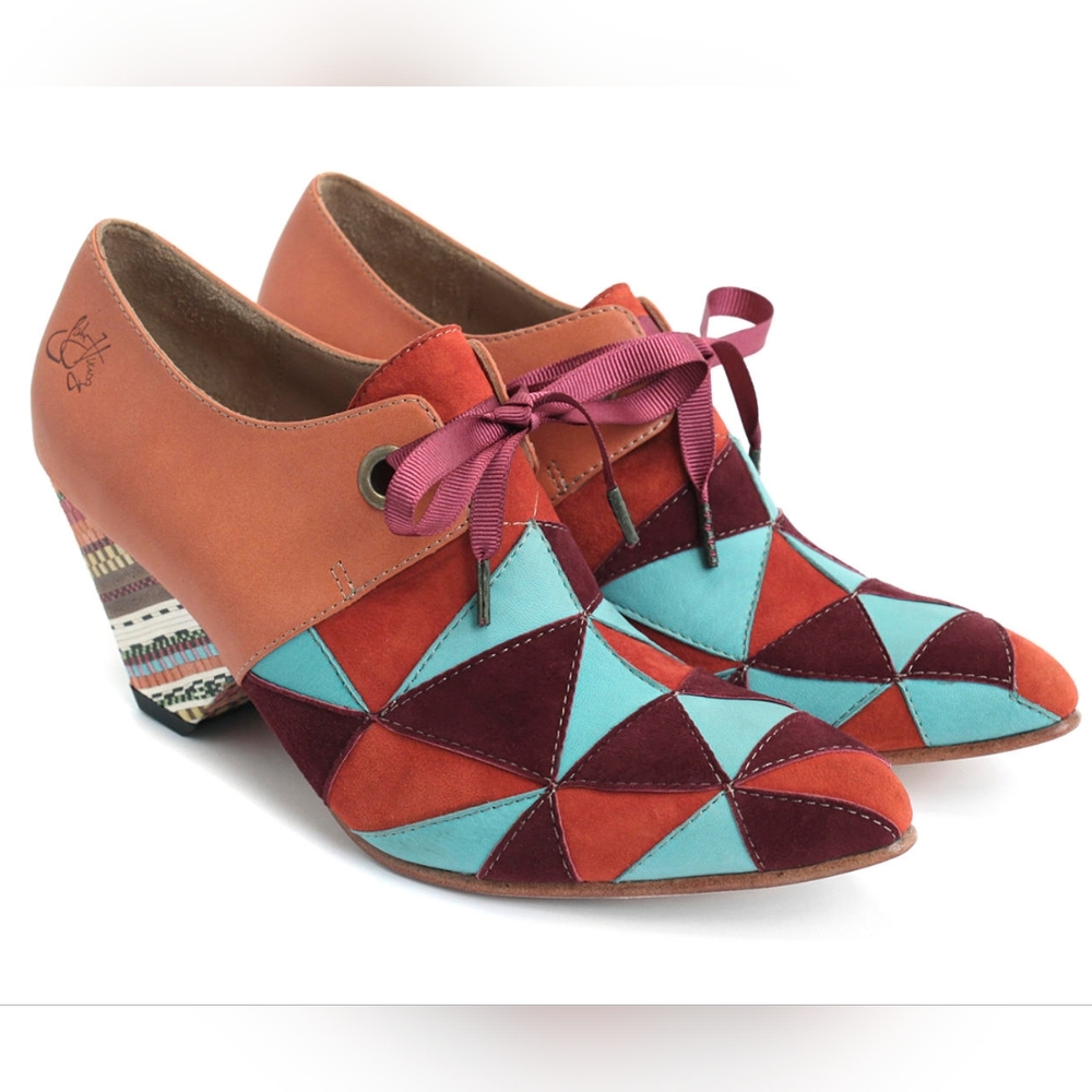 John Fluevog Scheme Angular Suede Booties in Orange Multi